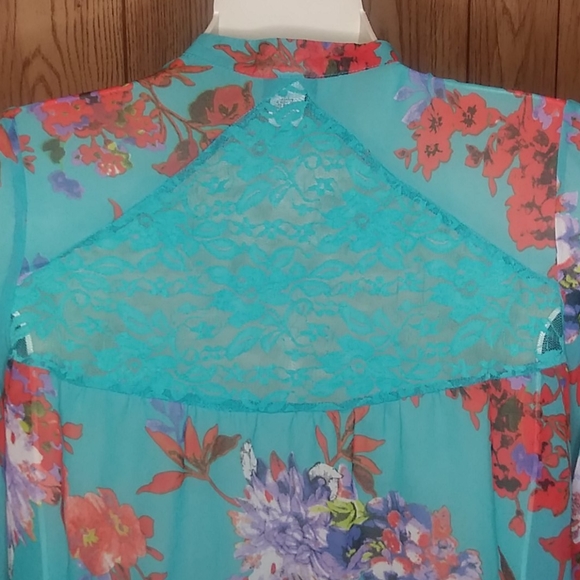 Dots Floral Blue Sheer Chiffon Shirt with Lace 1X - Picture 4 of 8